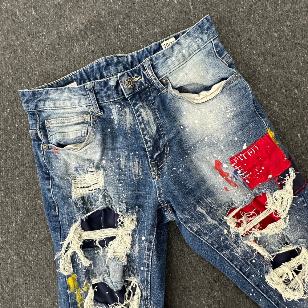 Smoke Rise Jeans Men 30x32 Blue Distressed Paint Splatter Patchwork Streetwear